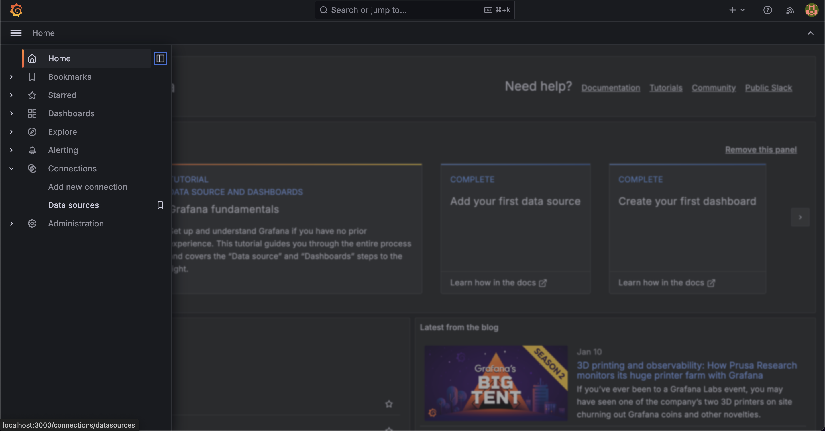 Grafana navigation showing Connections menu option