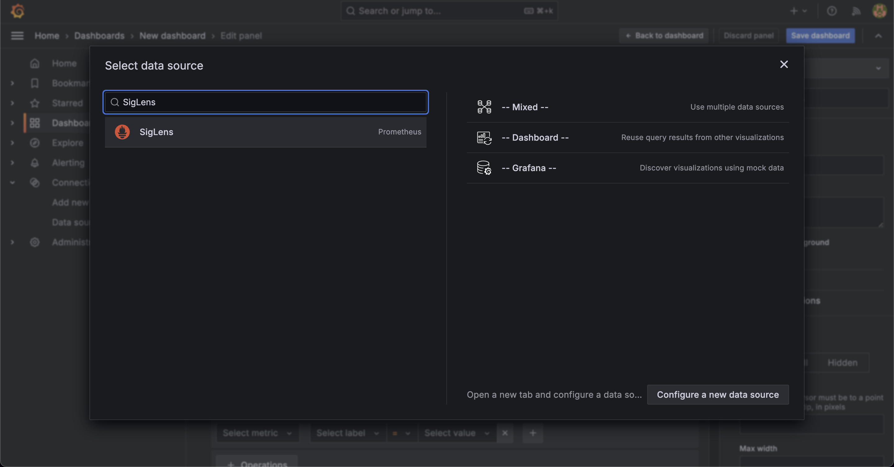 Select SigLens as Data Source